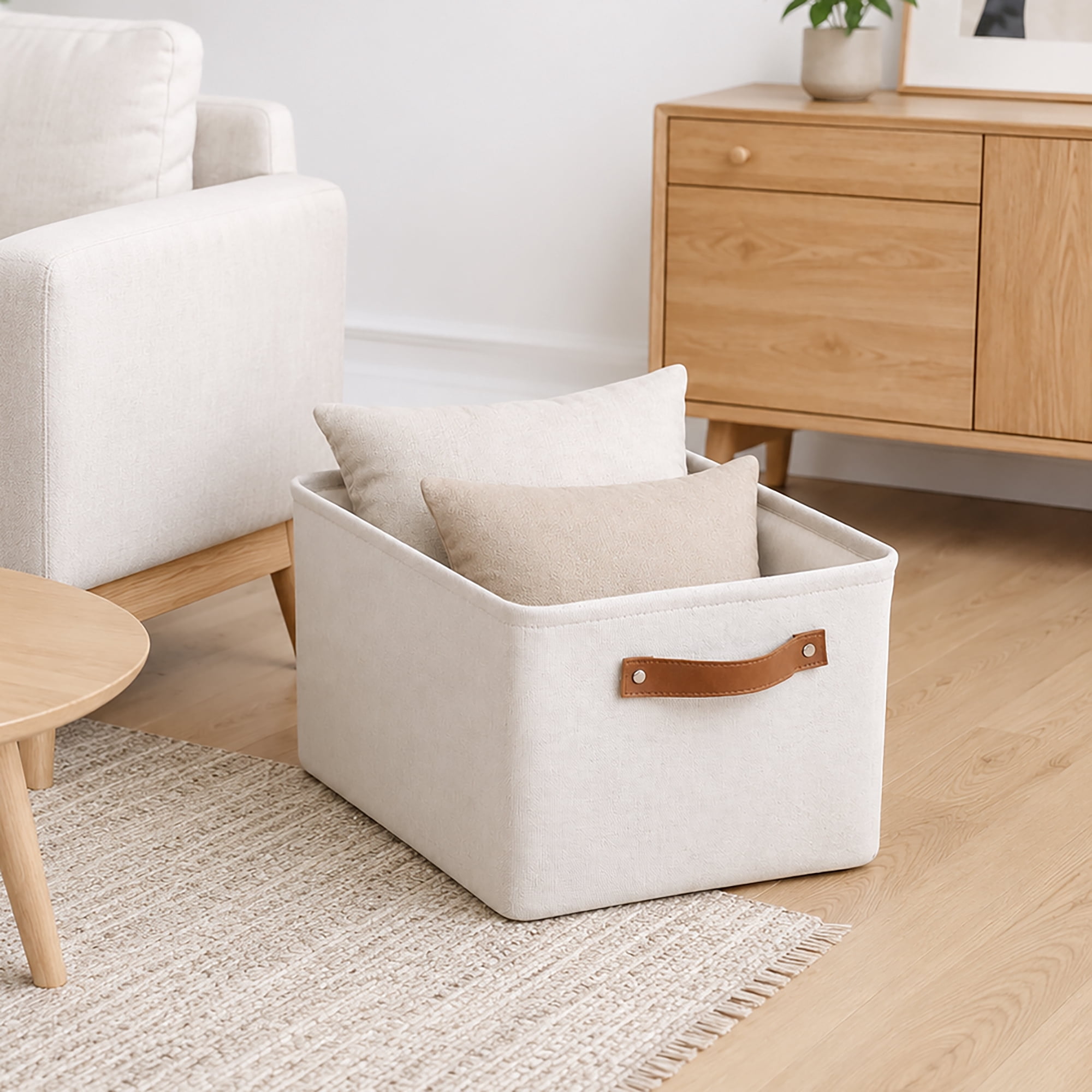 (4 pack) Mainstays Natural Canvas Fabric Decorative Storage Basket with Handles, 15 in x 8 in x 11 in