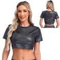 thumbnail image 3 of Camiseta de manga corta con cuello redondo para mujer, Top corto a cuadros metálico, ropa de baile en barra puesta en escena, disfraz de fiesta Rave, 3 of 5
