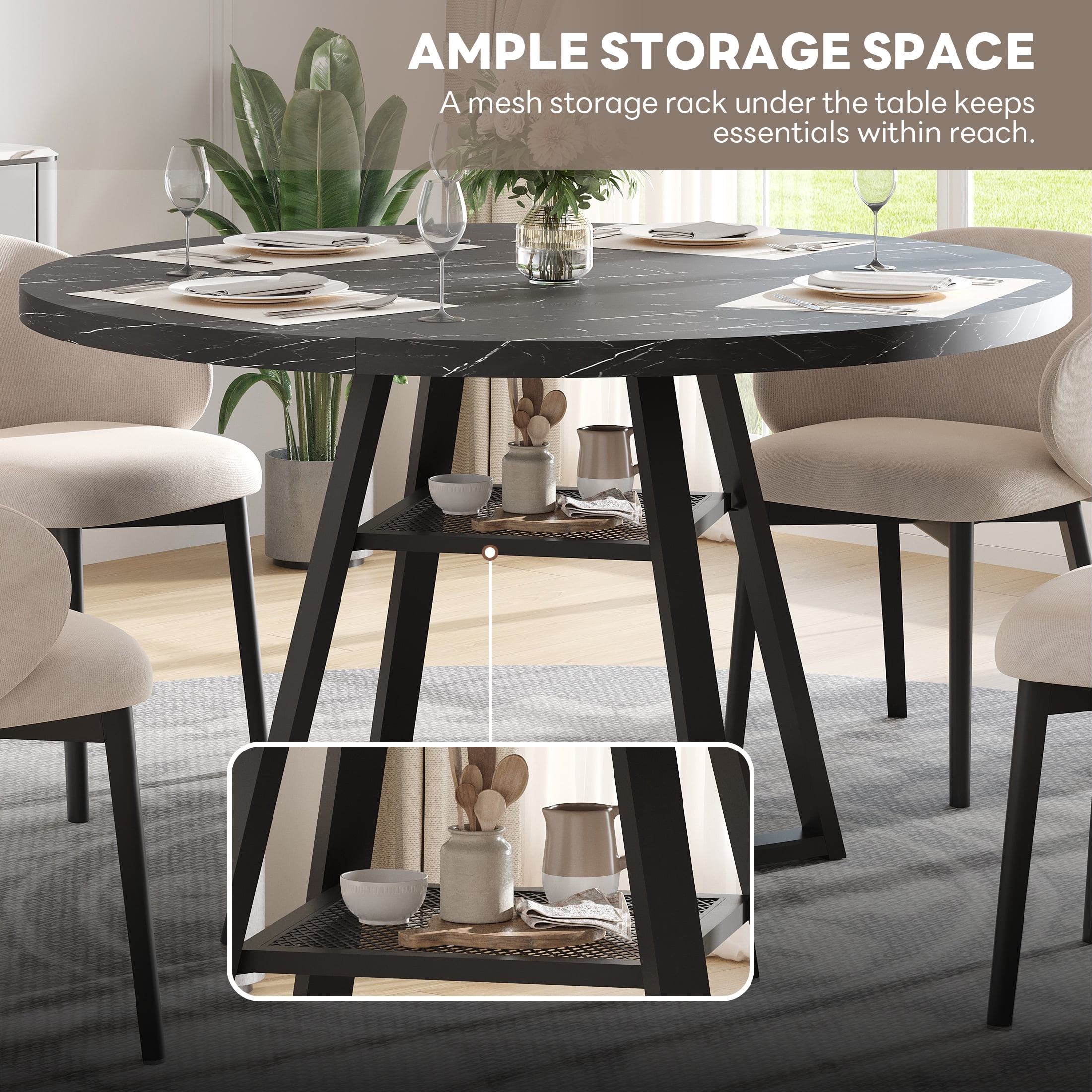 PAPROOS Round Dining Table, 43'' Faux Marble Dining Table with Storage Shelf, Circle Dining Table for Dining Room, Modern Kitchen Table for 4 People, Black(Only Table)