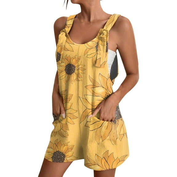 Xyxonk Rompers for Women Dressy Casual Summer Romper Sleeveless Adjustable Straps Overalls with Pockets Loose Fit Floral Flowy Jumpsuits Fluorescence Yellow S
