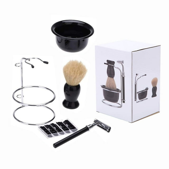 YOPTOP Kits de Rasage 5 en 1 pour Hommes Ensemble--Support en Acier Inoxydable pour Blaireau, Rasoir Manuel, Lames, Brosse à Raser, Bol à Raser, Cadeau de Fête des Pères, Ensemble Cadeau pour Hommes