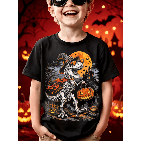 Halloween Boys T-Shirt Skeleton Dinosaur Wearing Witch Hat 100% Cotton Short Sleeve Tees Gift For Kids
