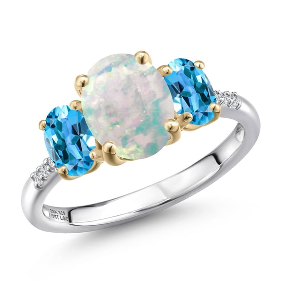 Gem Stone King 925 Silver and 10K Yellow Gold Simulated White Opal and Swiss Blue Topaz and Lab Grown Diamond Engagement Ring for Women | 2.16 Cttw | Oval Cabochon 9X7MM | October Birthstone | Size 6
