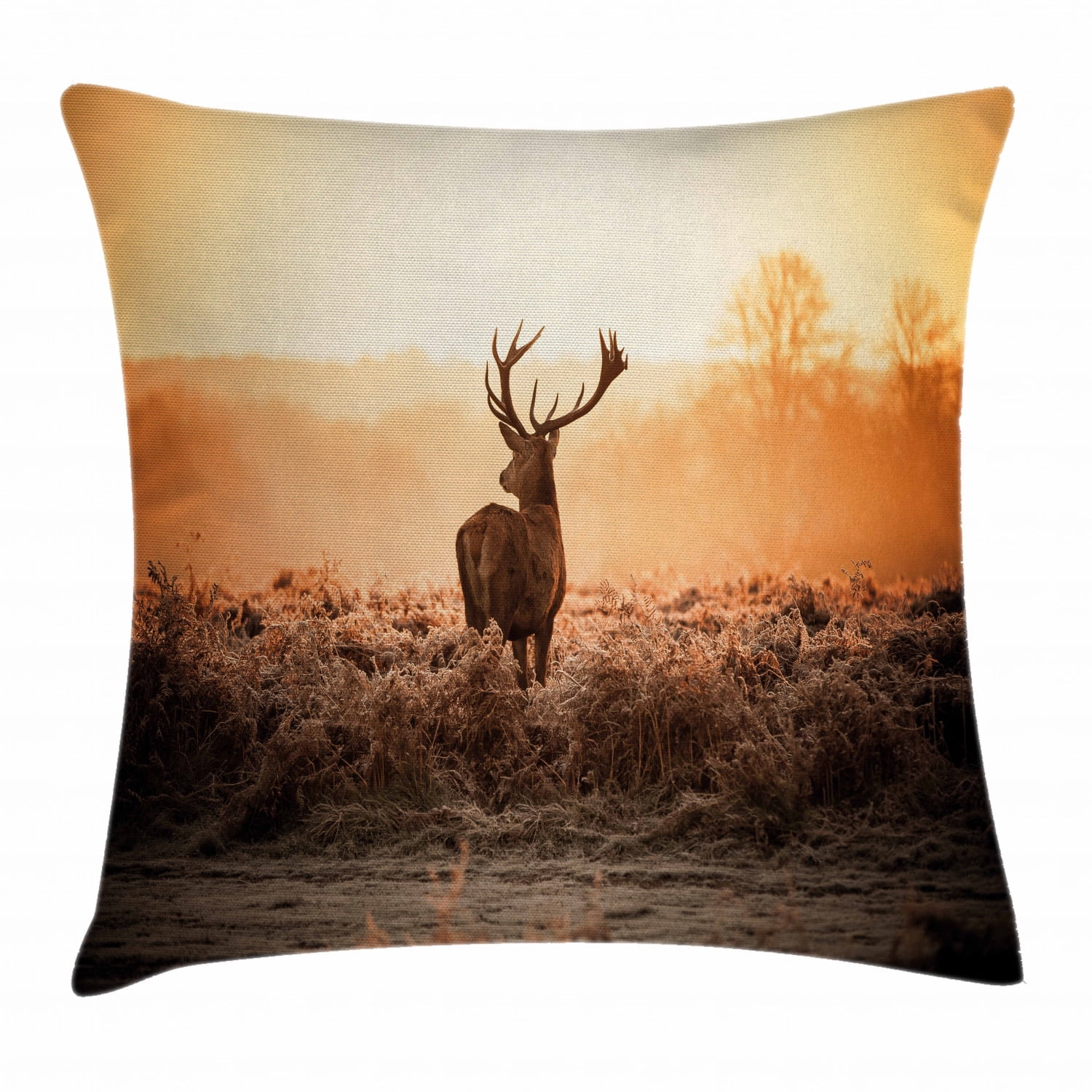 Hunting Decor Throw Pillow Cushion Cover, Red Deer in the Morning Sun