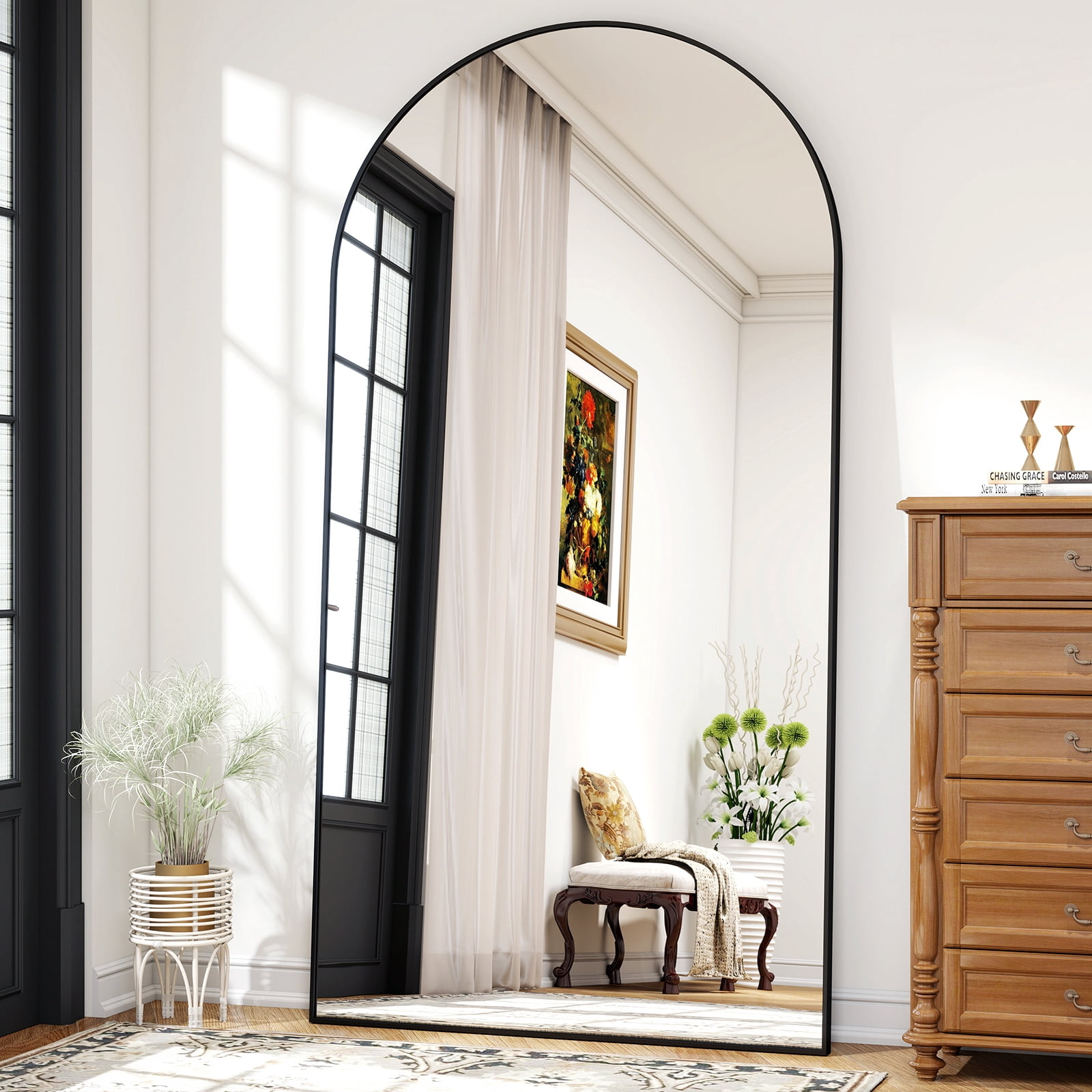 Easy4Home 77"x 38" Oversized Arched Full Length Mirror Metal Frame Freestanding Floor Mirror, Black