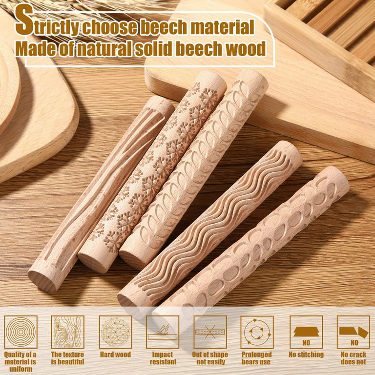Hesroicy Clear Texture Wooden Rolling Pin with Pattern, Food Grade, Pottery  Clay Stamp, Kitchen Tool