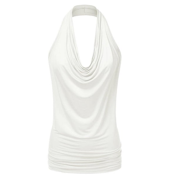 Blusa sexy con cuello drapeado y espalda descubierta, sin mangas, para mujer - Material de poliéster, adecuada para llevar de forma informal y en la oficina