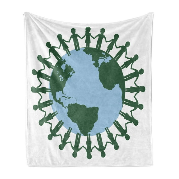Earth Day Soft Flannel Fleece Throw Blanket, Children United Holding Hands Surrounding Planet Earth, Cozy Plush for Indoor and Outdoor Use, 70" x 90", Sky Blue Green, by Ambesonne