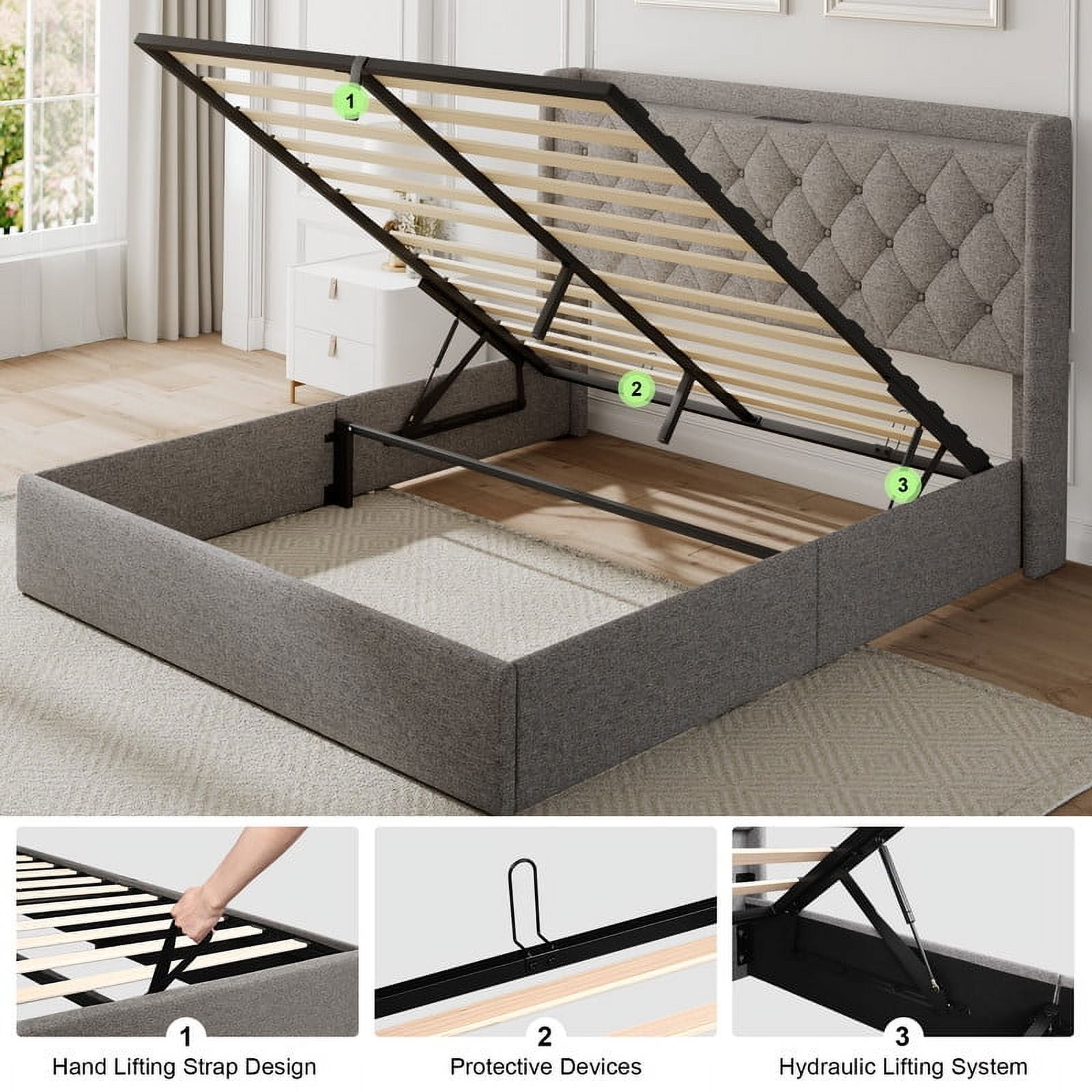 iPormis Queen Size Bed Frame with Lift Up Storage & Charging Station, Button Tufted Wingback Upholstered Headboard, Wooden Slats Support, No Box Spring Needed, Noise Free,Light Gray
