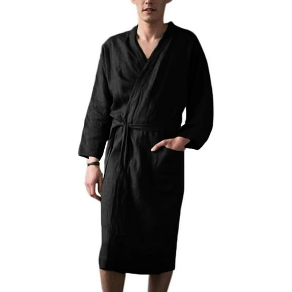 Mens Linen Cotton Robe Shawl Long Sleeve Kimono Spa Bath Robe Soft Bathrobe Pajamas Sleepwear
