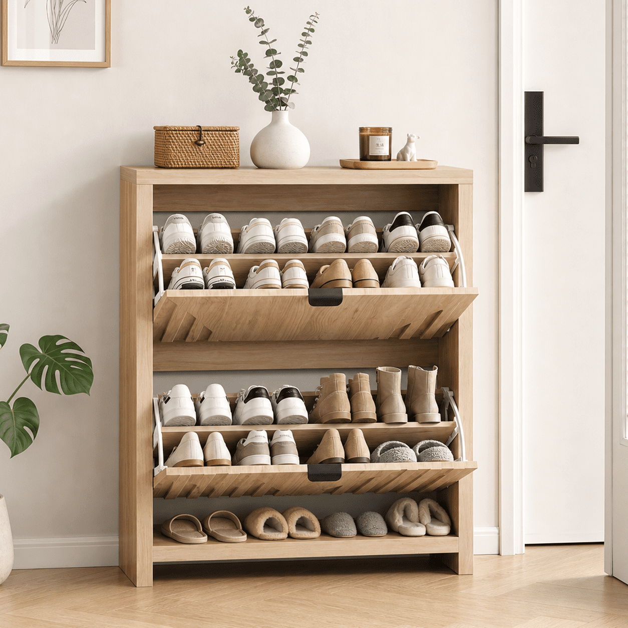 31.5 Inch Oak Flip-Down Shoe Cabinet with Vertical Carved Panels, Large Capacity Dustproof Freestanding Entryway Shoe Rack Holds 12-16 Pairs for Hallway Foyer