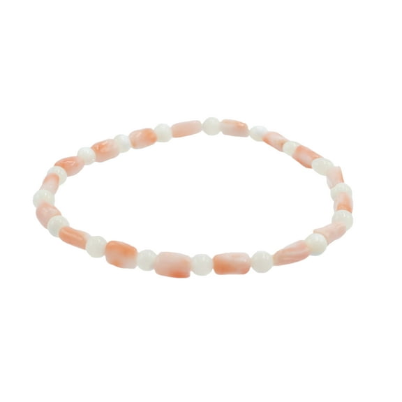 LTC Designs Natural Deep Sea Coral Tube and Round Mother-of-Pearl Stretch Bracelet, 7" for Adults