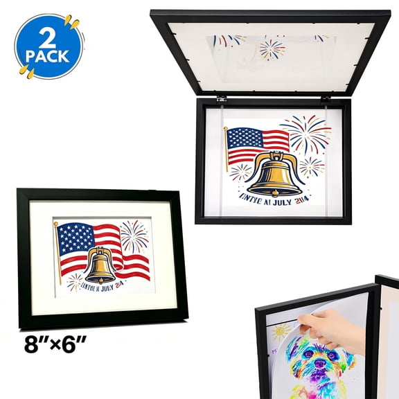 USIONE 2 Pack Kids Art Frames 8x6" | Black Front-Opening Changeable Storage Frame for Wall, Holds 50 Crafts & Drawings