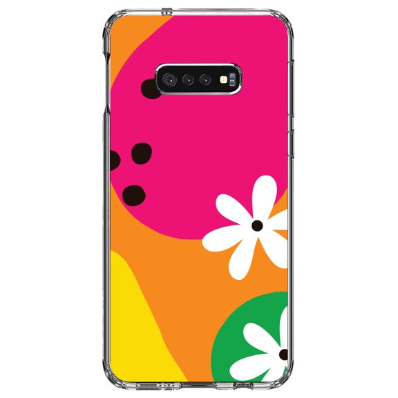 DistinctInk Clear Shockproof Hybrid Case for Samsung Galaxy S10e (5.8" Screen) - TPU Bumper, Acrylic Back, Tempered Glass Screen Protector - Summer Vibes Bold Flower Orange Pink Yellow