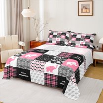 Manfei Kawaii Pink Buffalo Full Size Sheets for Kids, Art Abstract Patchwork Bed Sheets, Rustic Farmhouse Elephant Sheet Sets, Luxury Bedroom Decor, 4pcs