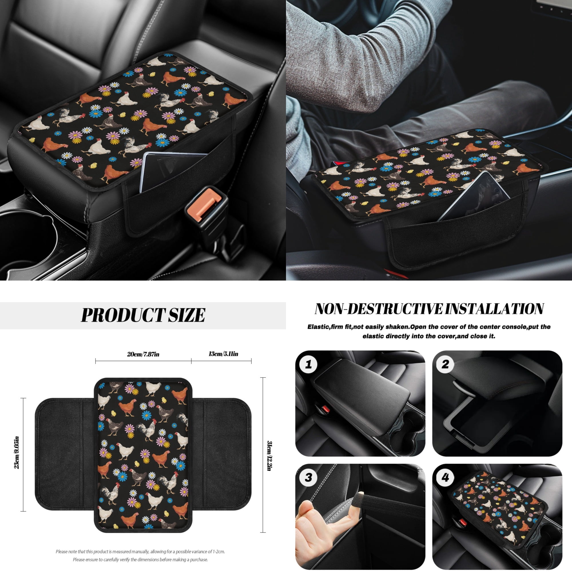 Yuyamidu 14 Pack Chicken Car Seat Covers and Steering Wheel Cover Seat Belt Strap Cover Garbage Bin Hippie Flower Armrest Cover Rearview Mirror Cover Coaster Gear Shift Knob Cover Set Fit SUV Sedan