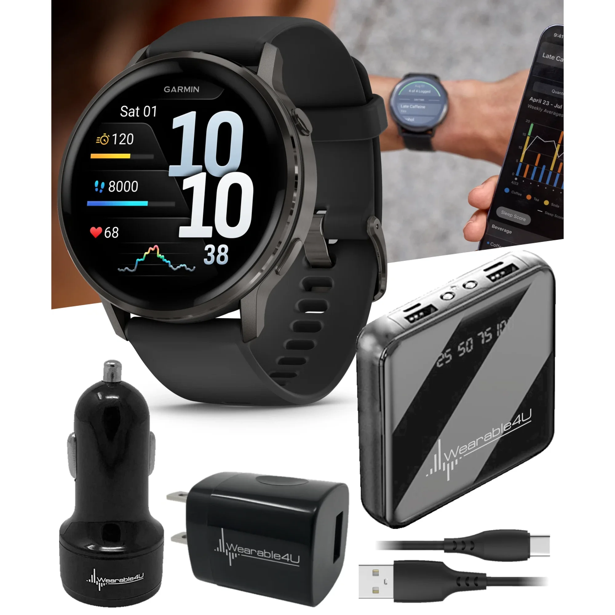 Garmin Venu 4 - 45mm AMOLED Advanced Health & Fitness GPS Smartwatch Slate w/ Black Silicone Band with Wearable4U Power Bank and Car Wall Adapters Bundle