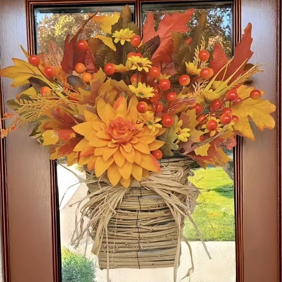 Fall Wreath Basket Outdoor Door Wreaths for Front Door 15" Wall Decor Basket Orange Fake Flower Decor with Maple for Fall