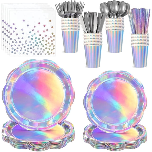 25 sets 200pcs Iridescent Party Plates Sets,Plates,Dessert,Cups & Cutlery for Baby Shower Wedding