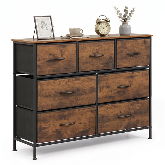 Costway 7-Drawer Wide Dresser with 2-Sized Folding Fabric Drawers & 2 Anti-tipping Kits Rustic Brown