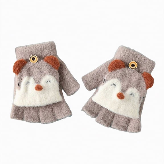 CAICJ98 Cartoon Convertible Flip Top Gloves Toddler Kids Winter Wool Knit Fingerless Gloves with Mitten Cover for Girls Boys 3-6 Years,Khaki