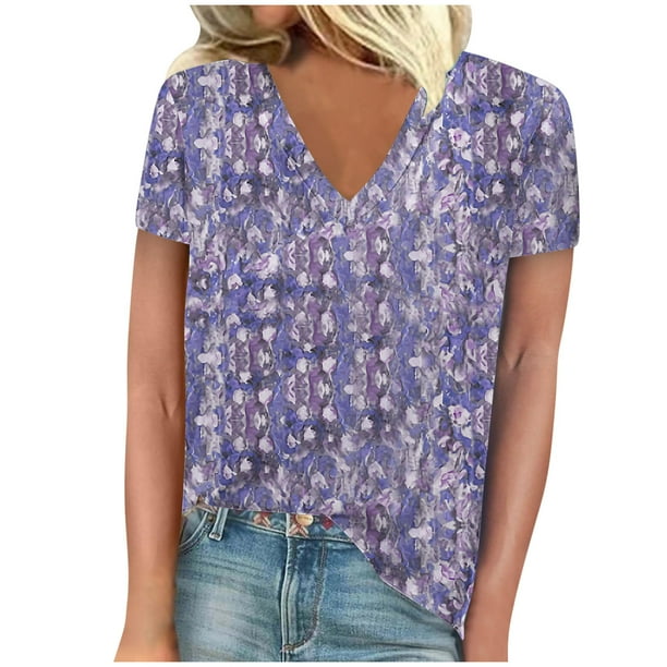 Blusas para las Mujeres Casual Cuello en V Manga Corta Impresa, 95% Poliéster 5% Spandex Camiseta Top para el Día a Día, Fiesta Y Ropa de Trabajo