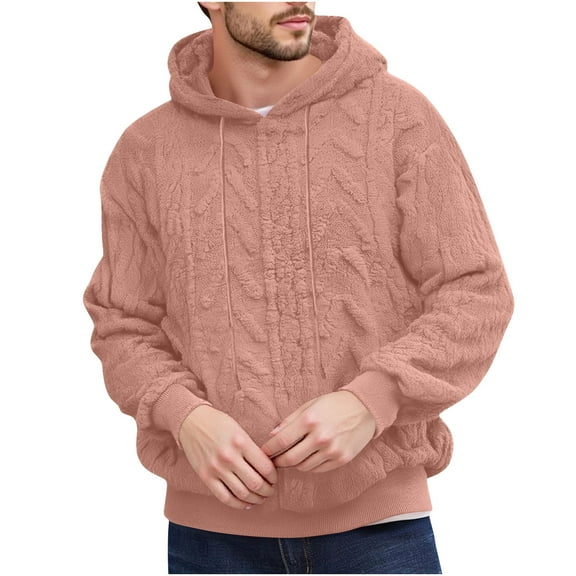 Mens Fuzzy Sherpa Hoodie Fleece Lined Pullover Sweatshirts Cable Knit Soft Casual Sweaters Fall Hooded Textured Outwear (3XL, Pink)
