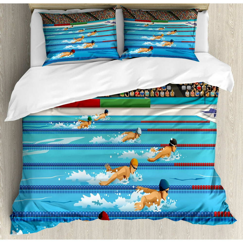 Olympics Duvet Cover Set King Size, Illustration of Swimmers During