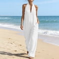 thumbnail image 2 of Neewe Womens Plain Linen Wide Leg Sleeveless Jumpsuits | V Neck Cutout High Waist Rompers, Breathable Lightweight, Beach Vacation Pants Outfit, Casual Dressy, Fall Winter Resort Wear, 2 of 9