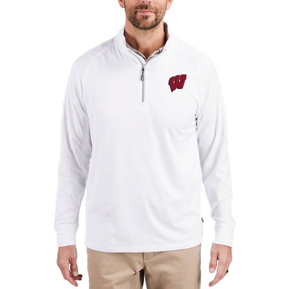 Men's Cutter & Buck White Wisconsin Badgers Adapt Eco Knit Stretch Recycled Quarter-Zip Pullover