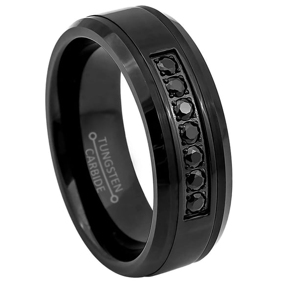 Jewelry Avalanche Black Tungsten Carbide Mens Wedding Band with 7 Black CZ, Low-Beveled, 8MM Comfort-fit Anniversary Ring size 10