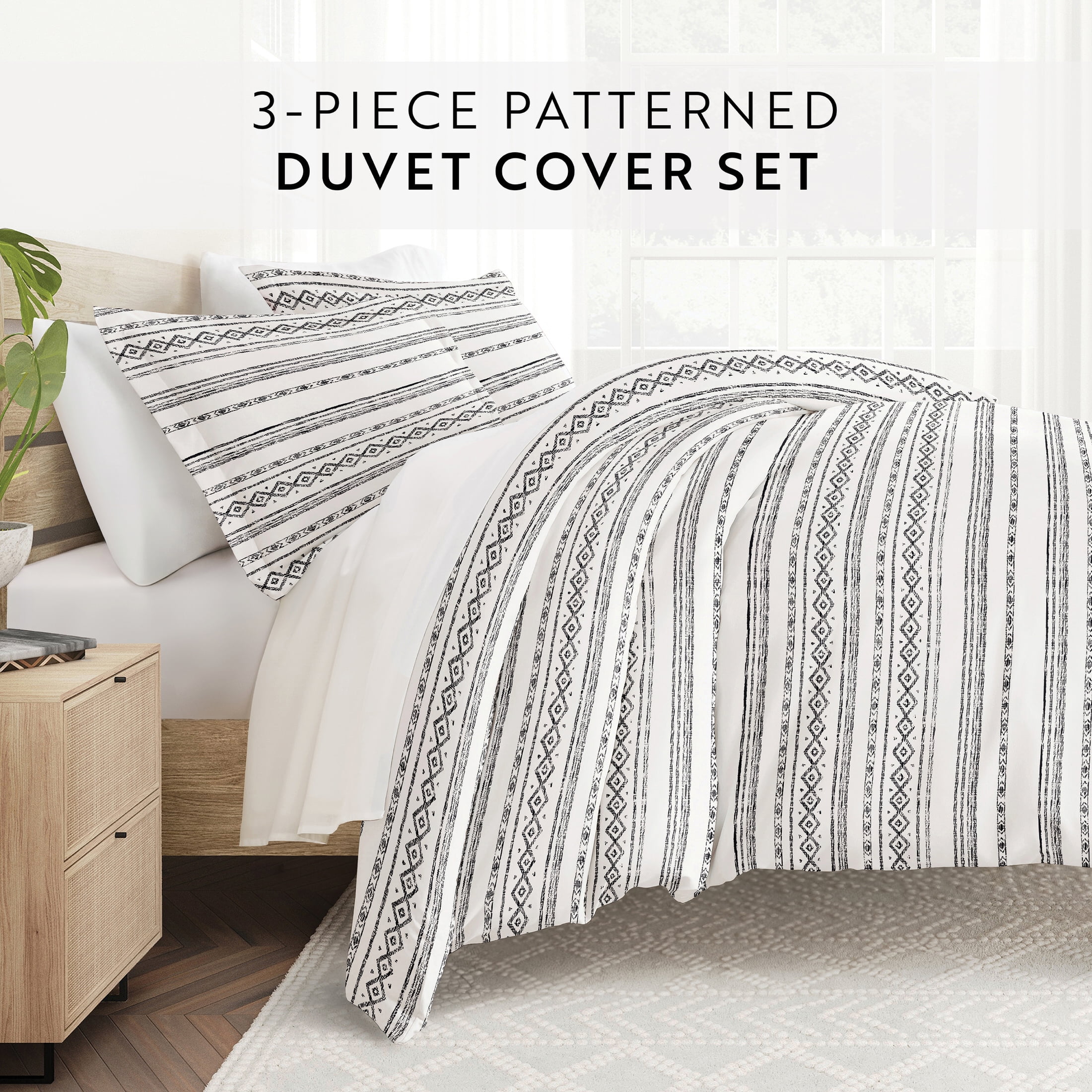 Noble Linens Light Gray Geo Threads Pattern 3-Piece Duvet Cover Set, King/Calking