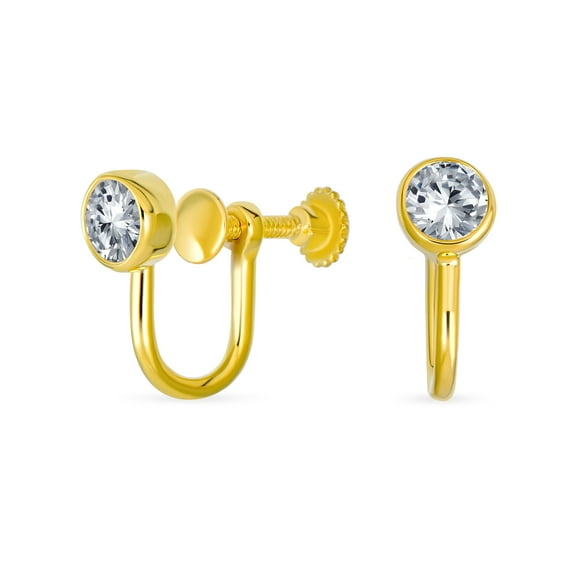 Bling Jewelry Womens Minimalist 5MM CZ Solitaire Clip-On Stud Earrings Gold Plated .925 Sterling Silver