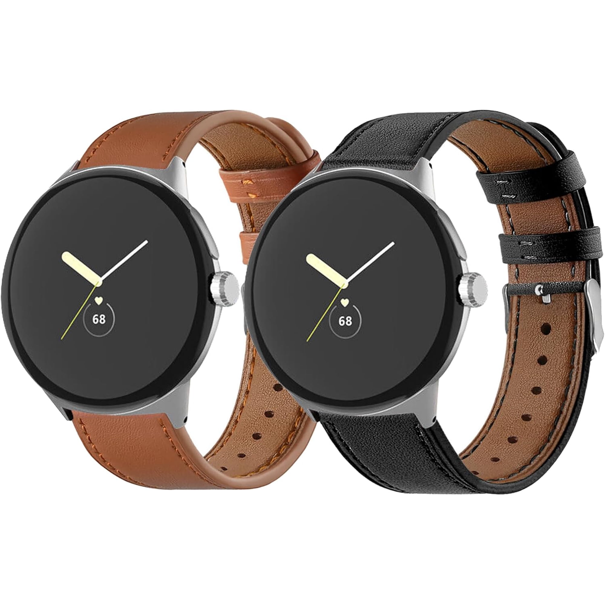 KOMI 2 Pack Leather Bands Compatible with Google Pixel Watch 3 41mm(Not the 45mm)/Pixel Watch 2/Pixel Watch Wristbands Leather Band Strap Women Men Black+Brown
