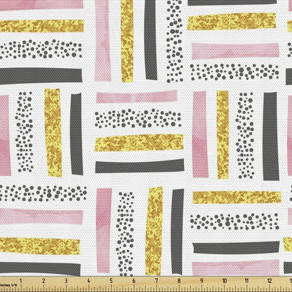 Geometric Fabric by the Yard Upholstery, Distorted Rectangle Stripes and Polka Dots Modern Pastel Design, Decorative Fabric for DIY and Home Accents, Blush Dark Grey and Mustard by Ambesonne