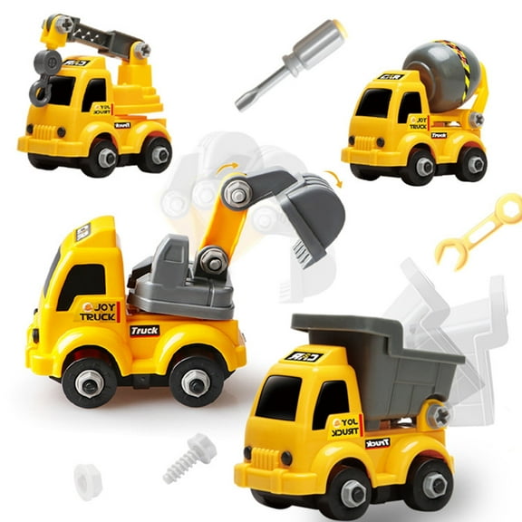 NimJoy Toys for Boys 3-6 Years Set of 4 Take Apart Construction Truck, Orange Friction Powered Cars Toys Play Vehicle Kids STEM Building Toys Gifts to Toddlers Girls Boys