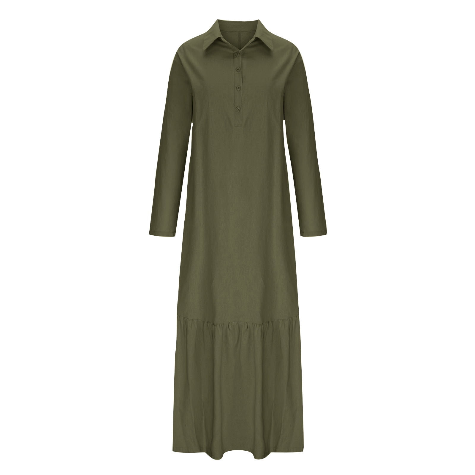 Women Cotton Linen Long Sleeve Button Lapel Maxi Shirt Dress Plus-size Layered Ruffled Hem Dress for Daily Wear