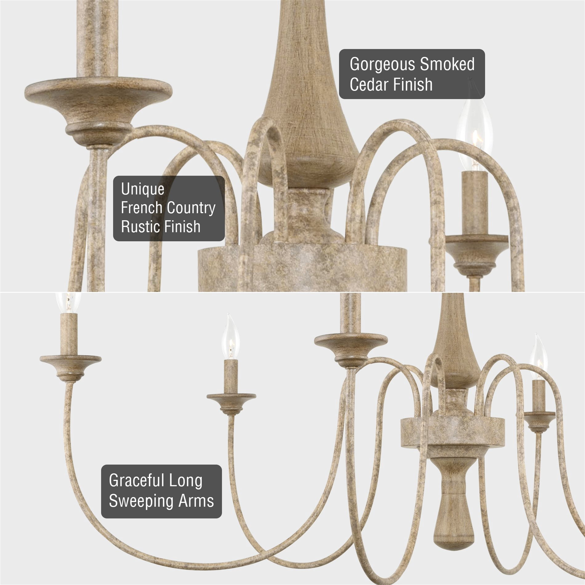 Kira Home Sherbrooke 44" French Country Chandelier, Distressed Wood Grain Metal Candle Chandelier, Smoked Cedar Wood