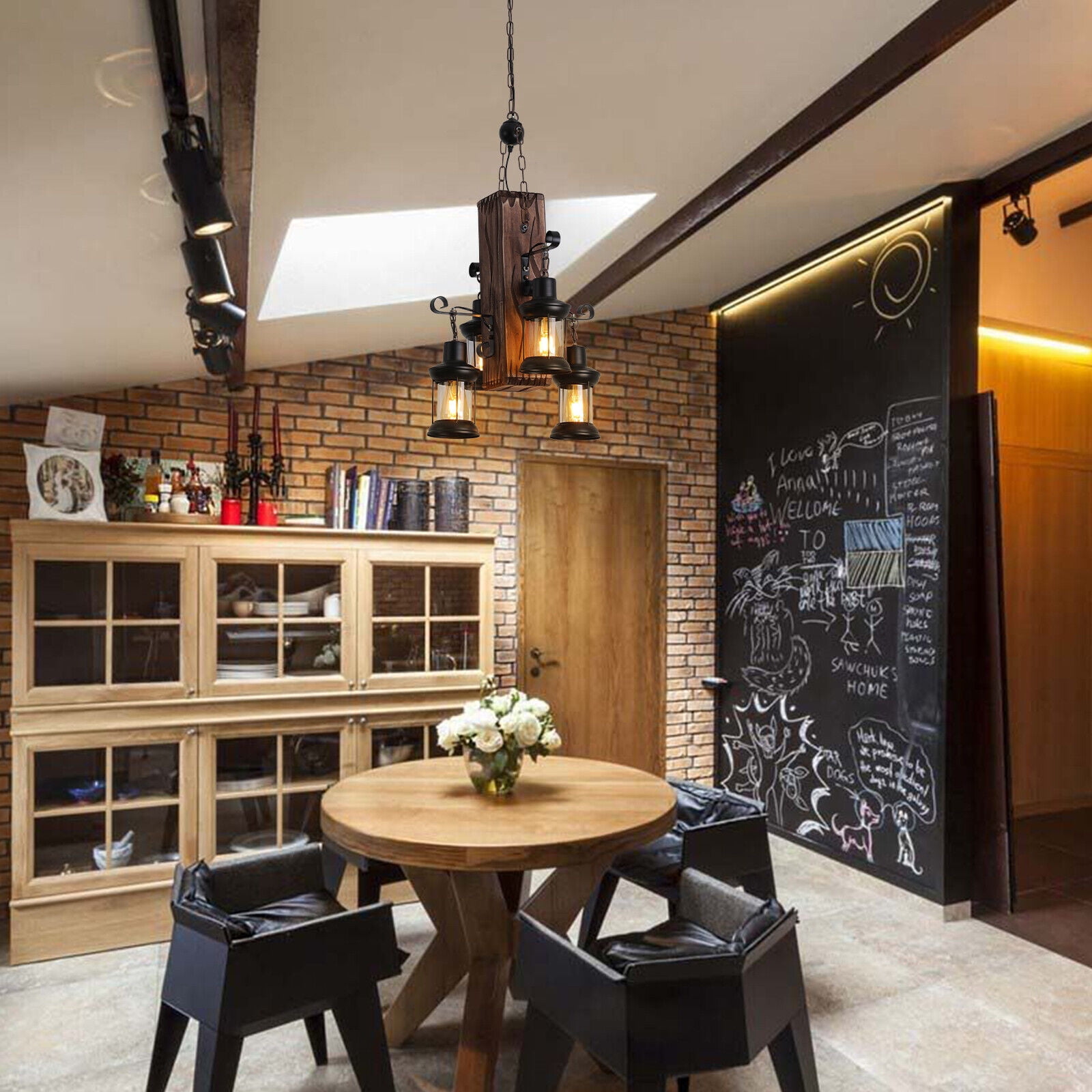 Miumaeov Industrial Vintage Wooden Hanging Farmhouse Pendant Light Retro Loft Lantern Chandelier 4 Lights Suspension Island Lighting Fixture for Kitchen Dining Coffee Shop Restaurant