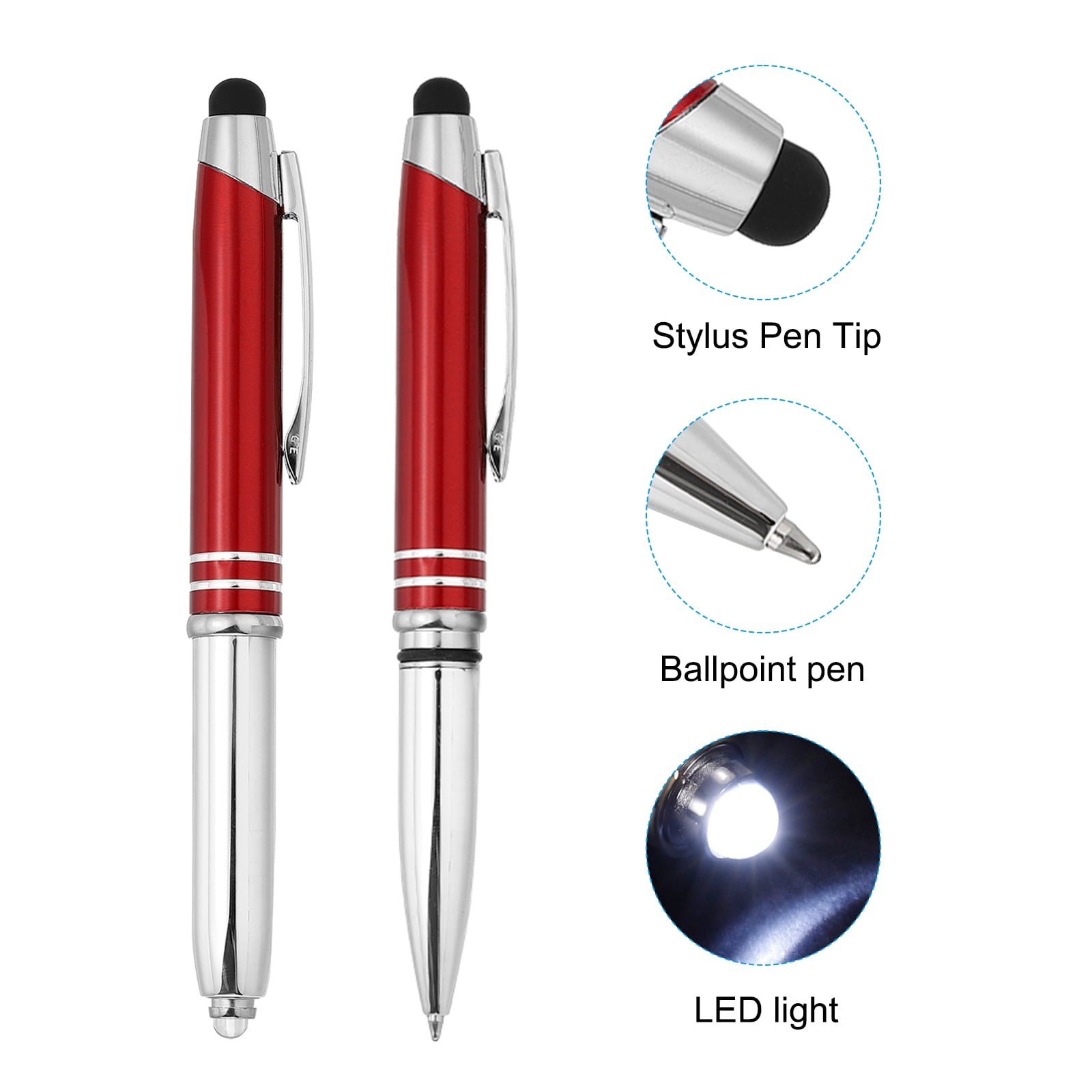 Uxcell Ballpoint Pen with Stylus Tip and LED Flashlight, 10 Pack 3 in 1 Black Ink Stylus Pen for Touch Screens, Red