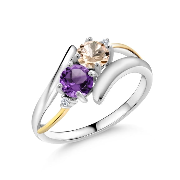 Gem Stone King 0.90 Ct Round Peach Morganite Purple Amethyst 925 Silver and 10K Yellow Gold Lab Grown Diamond Two Stone Crossover Ring (Size 8)