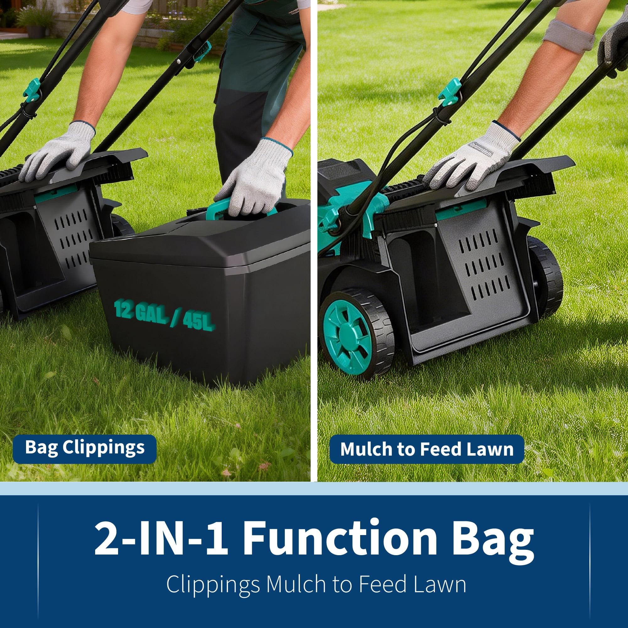 Garvee 17 in 40V Battery Powered Push Walk-Behind Mower, Cordless Lawn Mower with 6 Adjustable Cutting Height & 12 Gal Grass Bag, Lake Blue