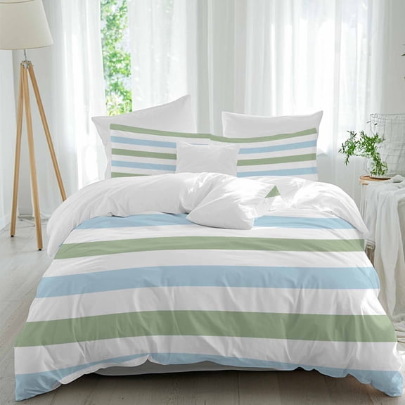 3 Piece Sage Green Blue Striped Duvet Cover Set Full Size,Microfiber Comforter/Quilt Cover with Corner Ties and 2 Pillowcases,Farmhouse Sage Green Stripes All Season Soft Bedding with Zipper Closure