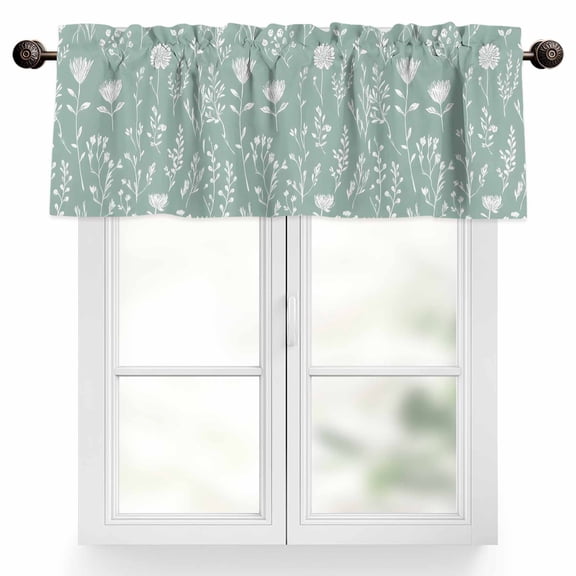 Green Sage Leaves Valances for Windows, 42 x 18in, Boho Floral Leaf Rod Pocket Kitchen Valance Curtain Light Filtering Window Treatments for Living Room Bedroom, 1 Panel