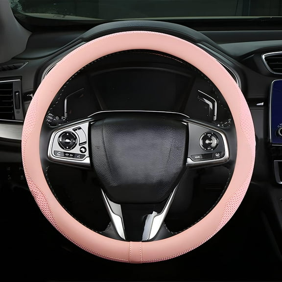 Car Steering Wheel Cover, Microfiber Breathable Ice Silk Leather Steering Wheel Cover Soft Anti-Slip Safety, 15inch Four Season Universal Fits for Most Truck,SUV,Cars (Pink)