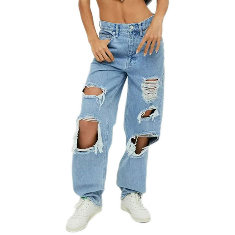 Ma&Baby Women Ripped Jeans Low-Waist Loose Baggy Denim Pants Hole