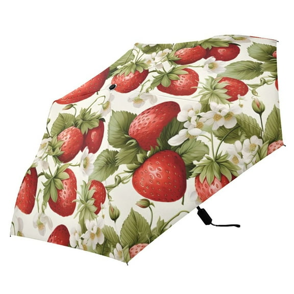 Strawberries with Floral Compact Folding Umbrella for Rain Windproof Travel Umbrella UPF 50  Lightweight Packable Arc Size
