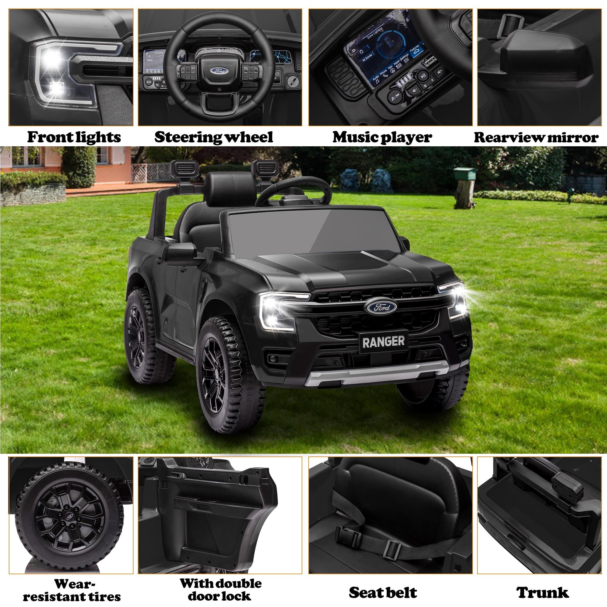 12V Powered Ride on Truck, Ford Ranger Ride on Toy Cars with Remote Control, Rear Wheels Suspension, Safety Belt, MP3 Player, Electric Ride on Cars for Kids Boys Girls 3-6 Ages, Black