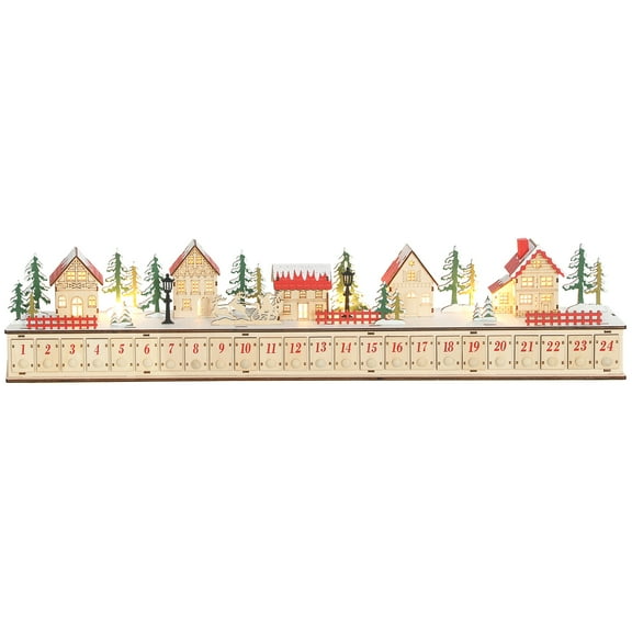Christmas Wooden Advent Calendar House with 24 Drawers, LED Lights Home Decoration, 32.7"" L x 3.5"" W x 6.7"" H