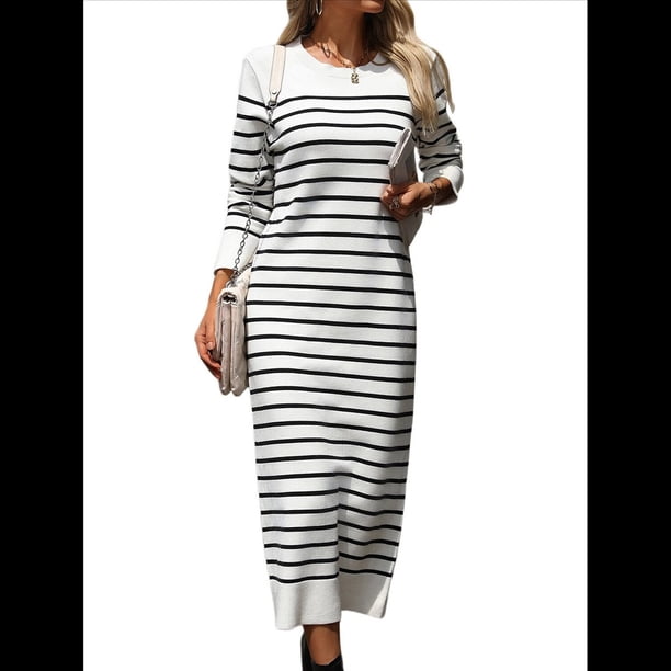 Vestido Tipo Suéter para Mujer, Tejido Holgado, A Rayas, Elegante, para Otoño e Invierno. XL